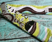 Reversible Camera Strap Cover with Lens Cap Pocket - Gray and Green Paisley with Stripes- MADE TO ORDER