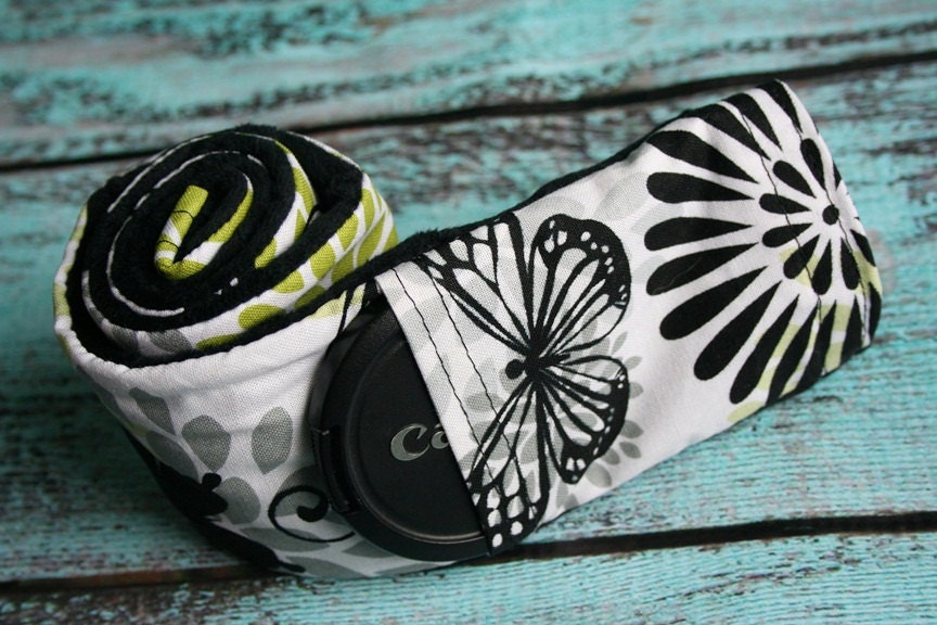 Camera Strap Cover with Lens Cap Pocket - Padded Minky - Green and Black Butterflies with Black Minky- MADE TO ORDER