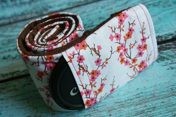 Camera Strap Cover with Lens Cap Pocket - Brown Padded Minky - Cherry Blossom- MADE TO ORDER