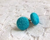 Teal Blue Flower Fabric Button Earring