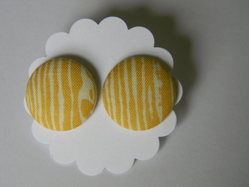 Yellow wood grain covered button earrings