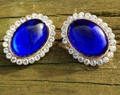Vintage rhinestone and dazzling blue cabochon clip on earrings royalty need repair