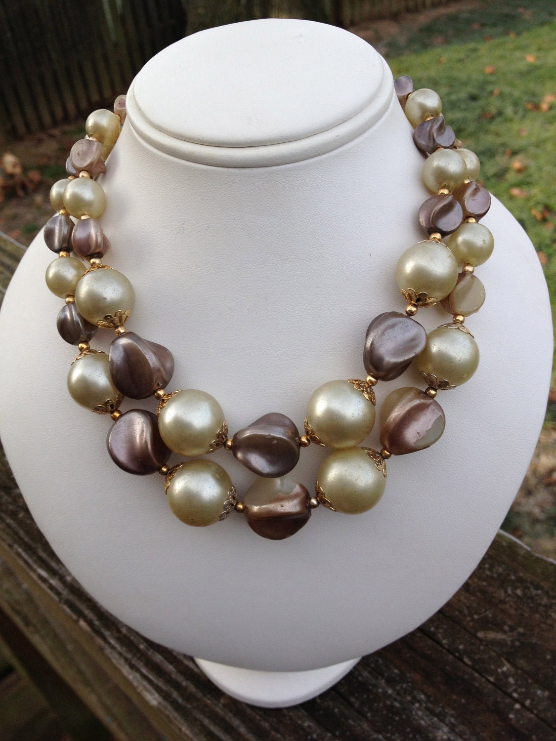 Vintage 2 strand beaded necklace in white and plum tones HONG KONG