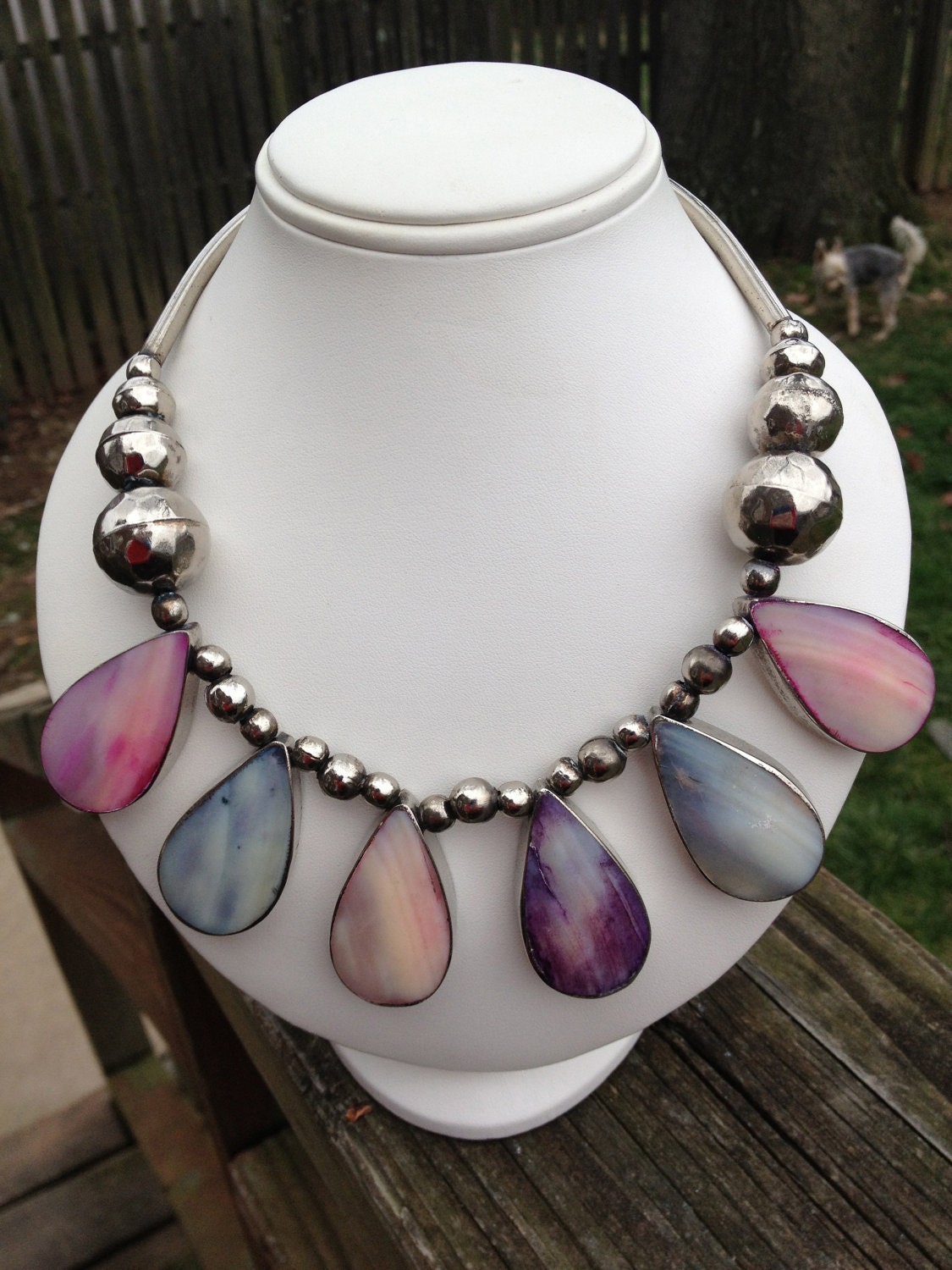 Vintage large necklace with mother of pearl MOP shell and silver tone