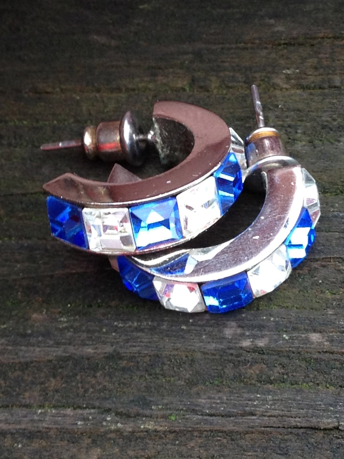 Vintage blue and white rhinestone half moon post earrings