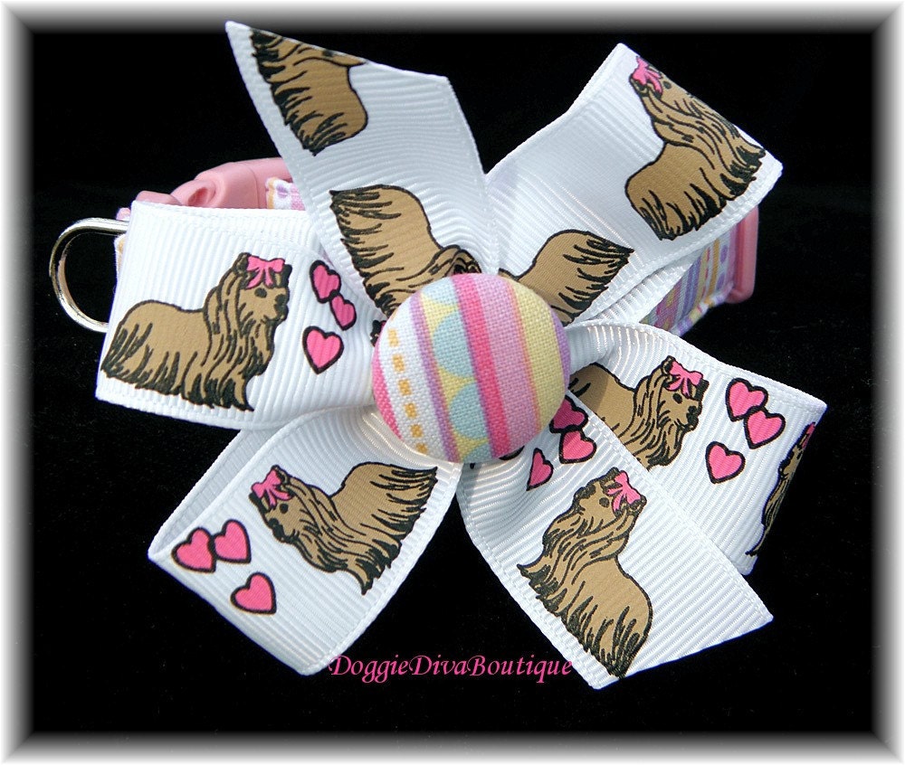 Dog Collar with Yorkie Love Bow White Tiny or XS pick the size you want