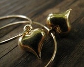 Earrings, Gold Heart Hoops, Romantic, Simple Vintage Style Puffed Gold Heart Pendant  Hoops, Anniversary ,Birthday, Gift For Her