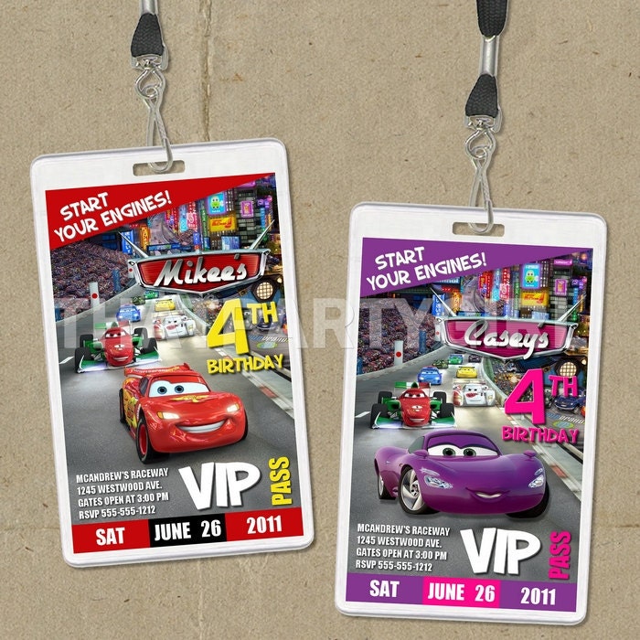 18 Cars VIP Pass Birthday Party Invitations Favors