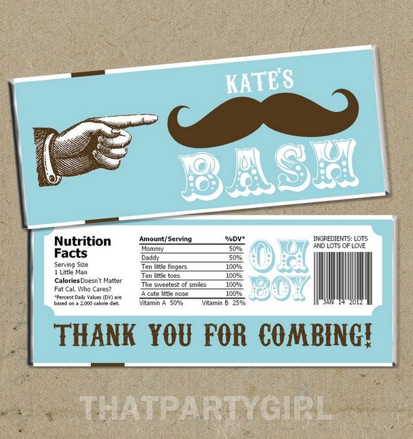 Mustache Bash Baby Shower Party Favors Candy Bar Wrappers