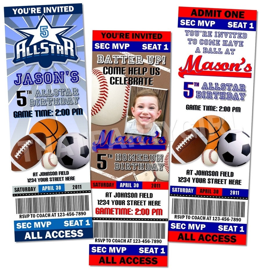Sports Birthday Party Ticket Style Invitations & VIP PASS MVP Digital Delivery - U Print