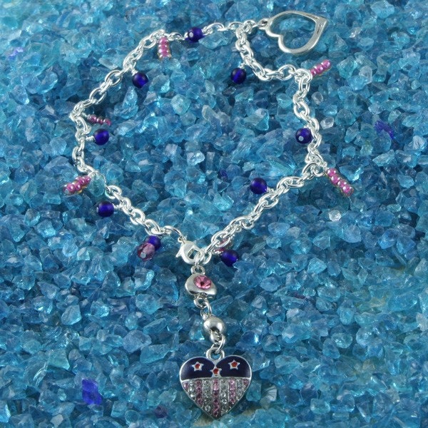 Handmade Double Heart Silver Anklet in Pink and Blue
