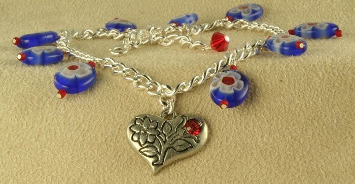 Handmade Blue Flower and Silver Heart Anklet