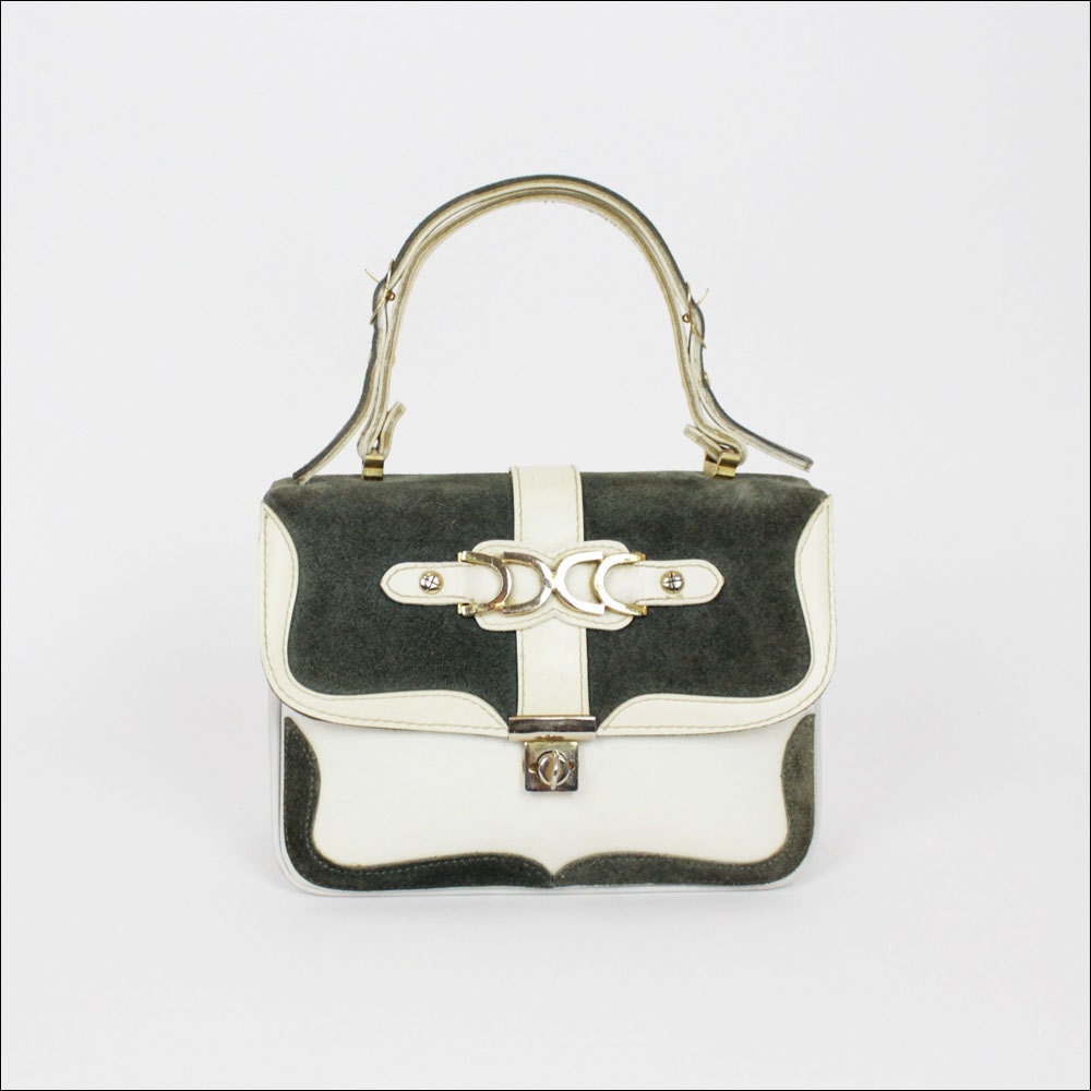 mod handbag / Marli green suede & white faux leather two tone top handle purse