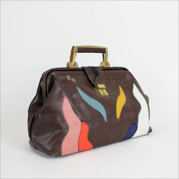 leather doctor bag / 80s wavy patchwork hinge bag