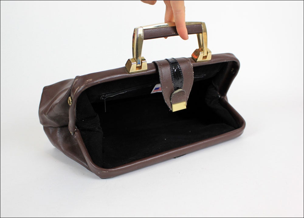 leather doctor bag / 80s wavy patchwork hinge bag
