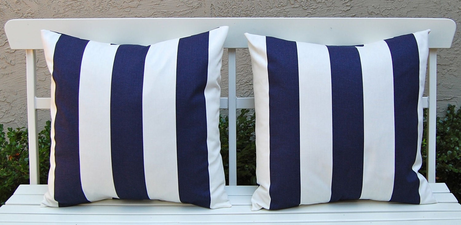 MEMORIAL DAY SALE Decorative Pillows 18 x 18 Pillow Covers Nautical Navy Blue and White Awning Stripe Throw Pillow Covers
