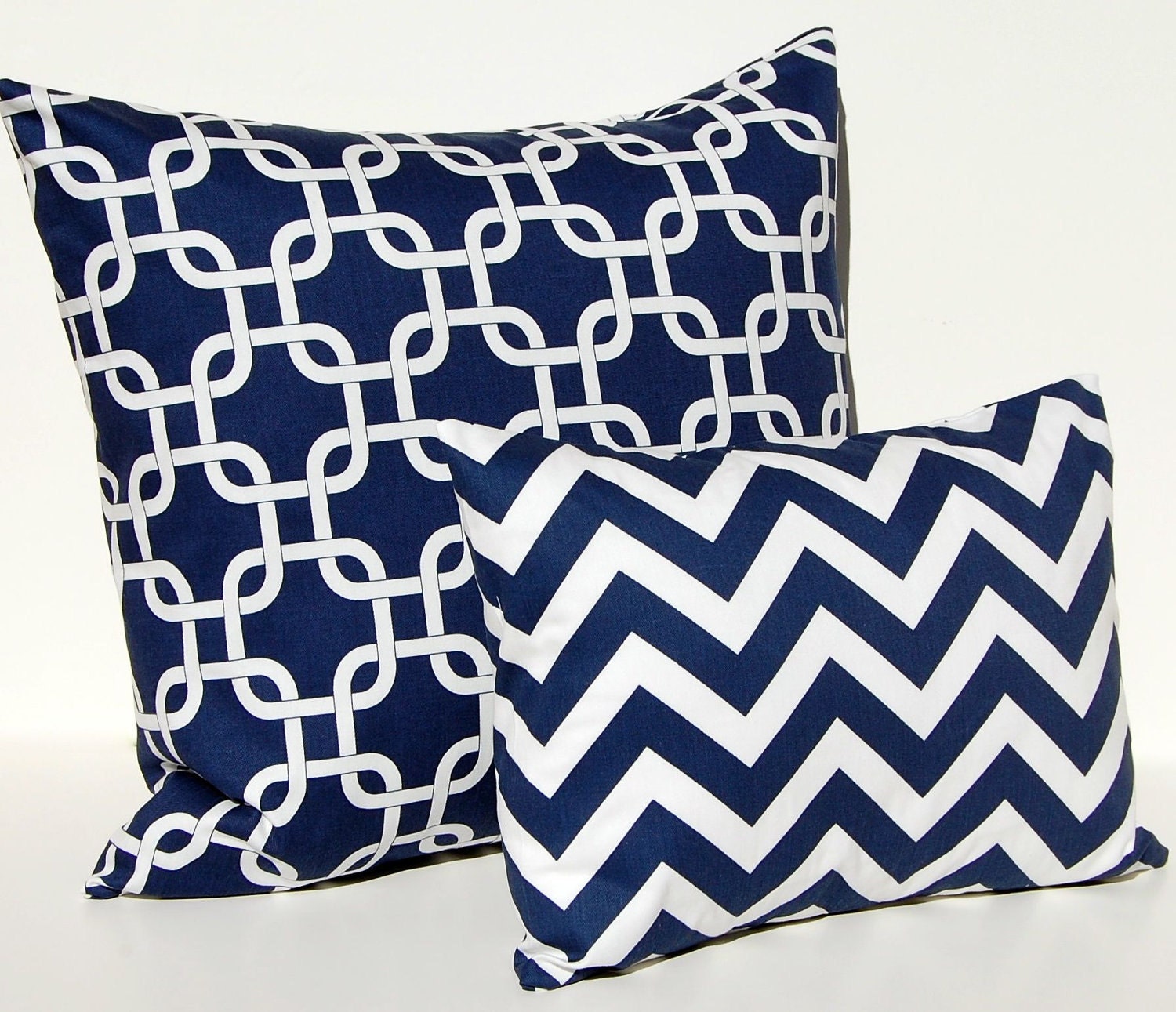 MEMORIAL DAY SALE Decorative Throw Pillow Covers Cushion Covers 20 x 20 Plus 12 x 16 Inches - Navy Blue Gotcha Chain Link and Chevron Decor
