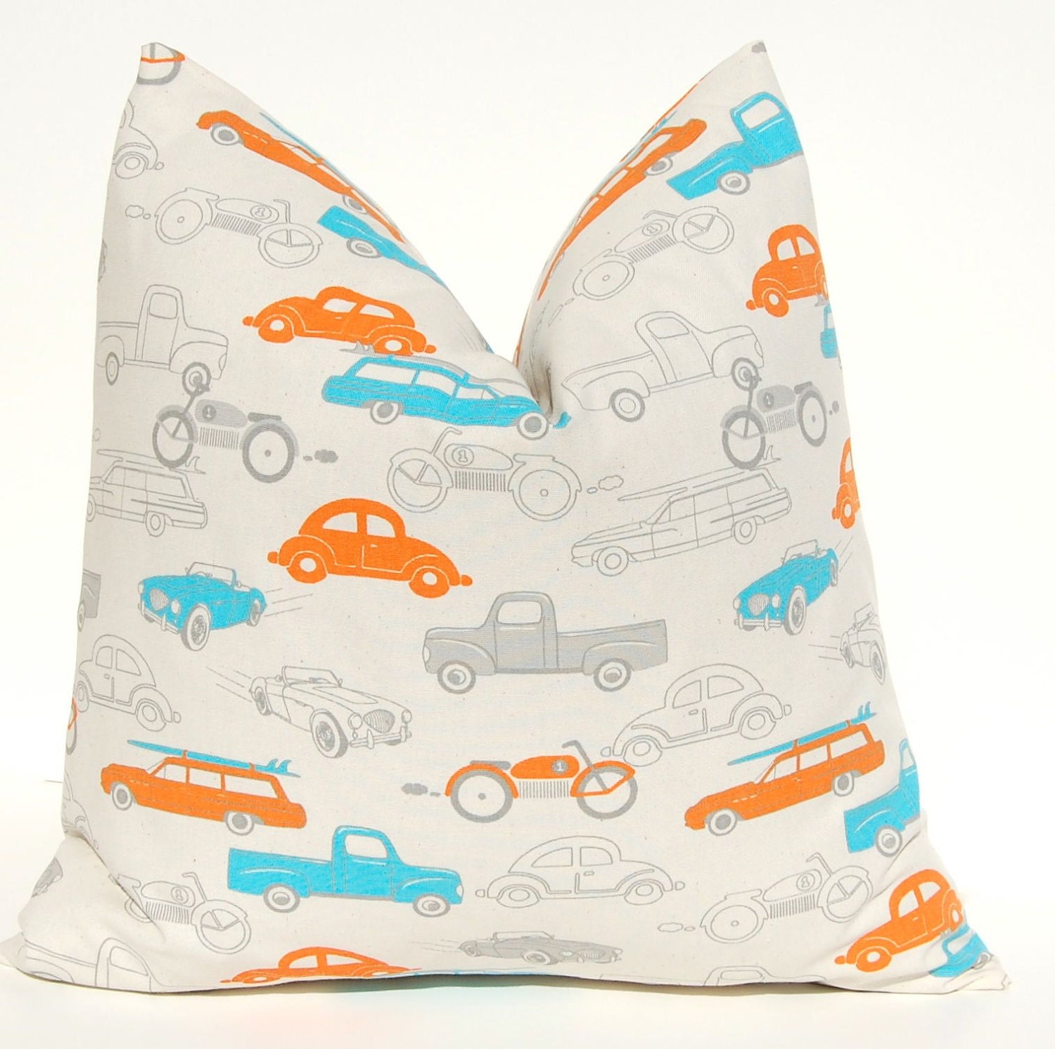 MEMORIAL DAY SALE Decorative Throw Pillow Cover One Orange and Turquoise on Natural Boy Bedroom 20 x 20 New - Pillows Cushion Covers  Cars