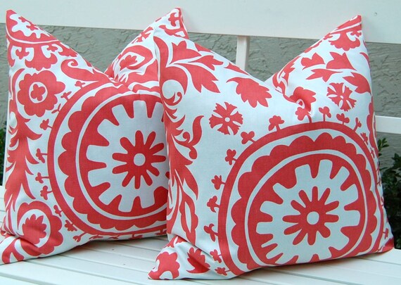 Decorative Pillows, Throw Pillow Covers, Accent Pillows 20 x 20 Inches Suzani Pillow Covers Coral on White