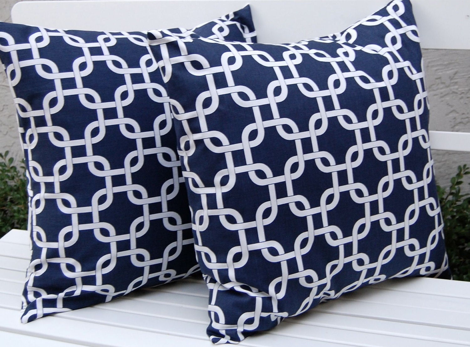 MEMORIAL DAY SALE Euro Pillow Sham Accent Pillows Decorative Pillow Covers 24 x 24 Inches - Navy and White Chain Link
