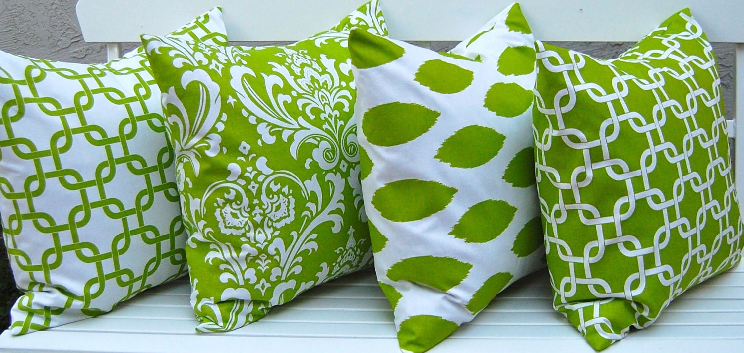 Decorative Pillow Covers Bright Kelly Green Decorator Special Four Cushion Covers Accent Pillows 20 x 20 Inches Chartreuse Green and White