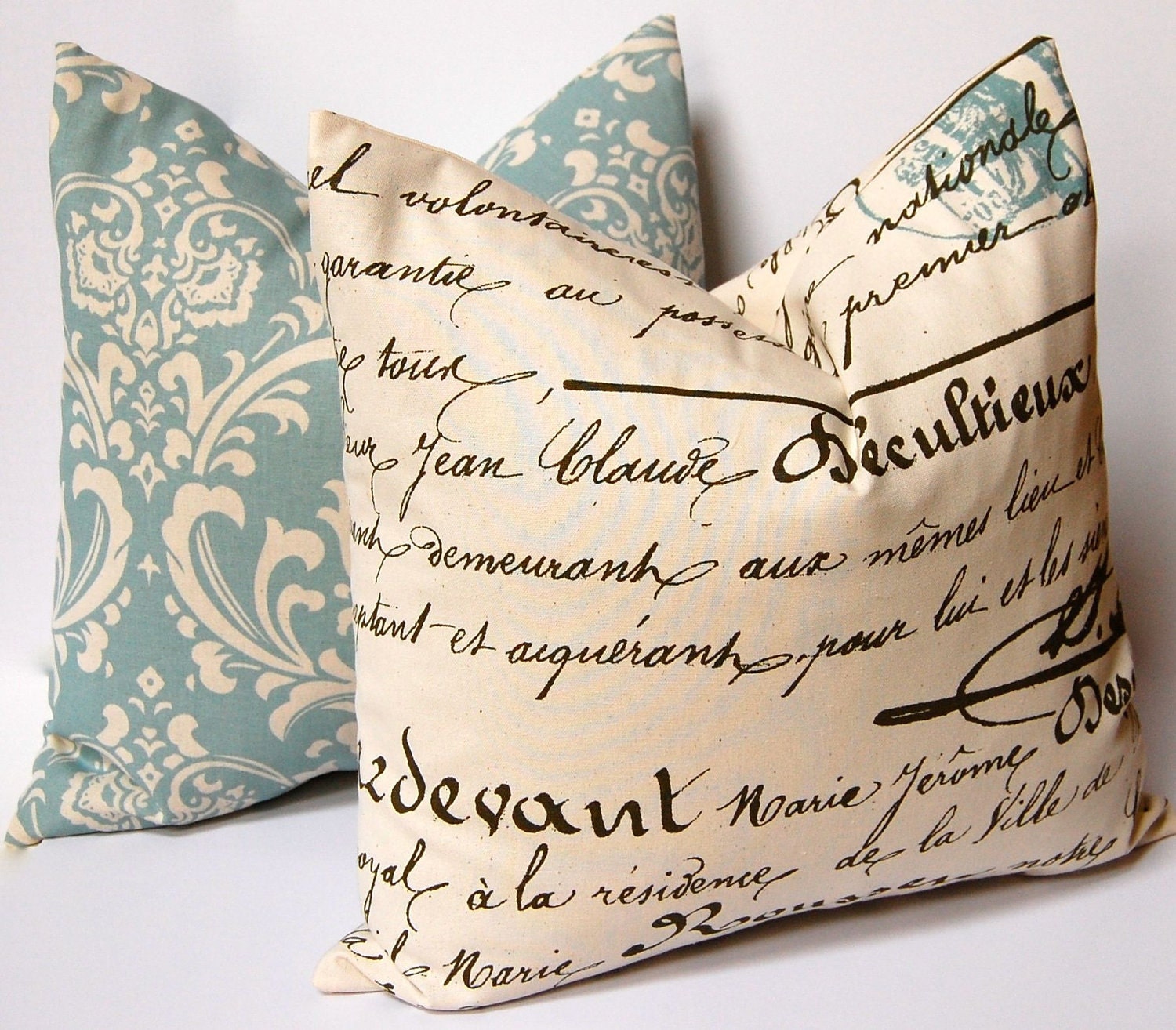 MEMORIAL DAY SALE Decorative Pillows in Blue on Natural 20 x 20 Inches - Antique Script and Damask Blue Cushion Covers