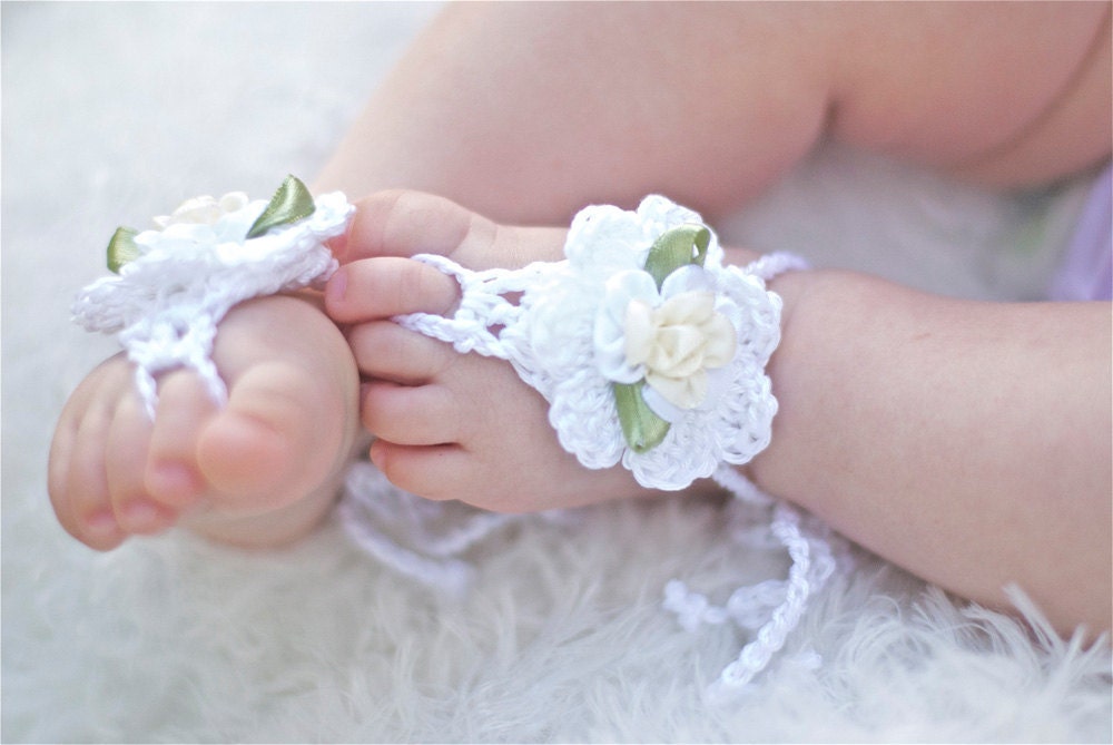 Barefoot Baby Sandals. White cotton Girl chic foot wear for those tiny earth bound toes.