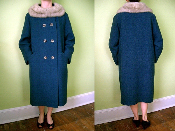 VINTAGE 50's Blue Wool Coat with Mink Collar - L/XL