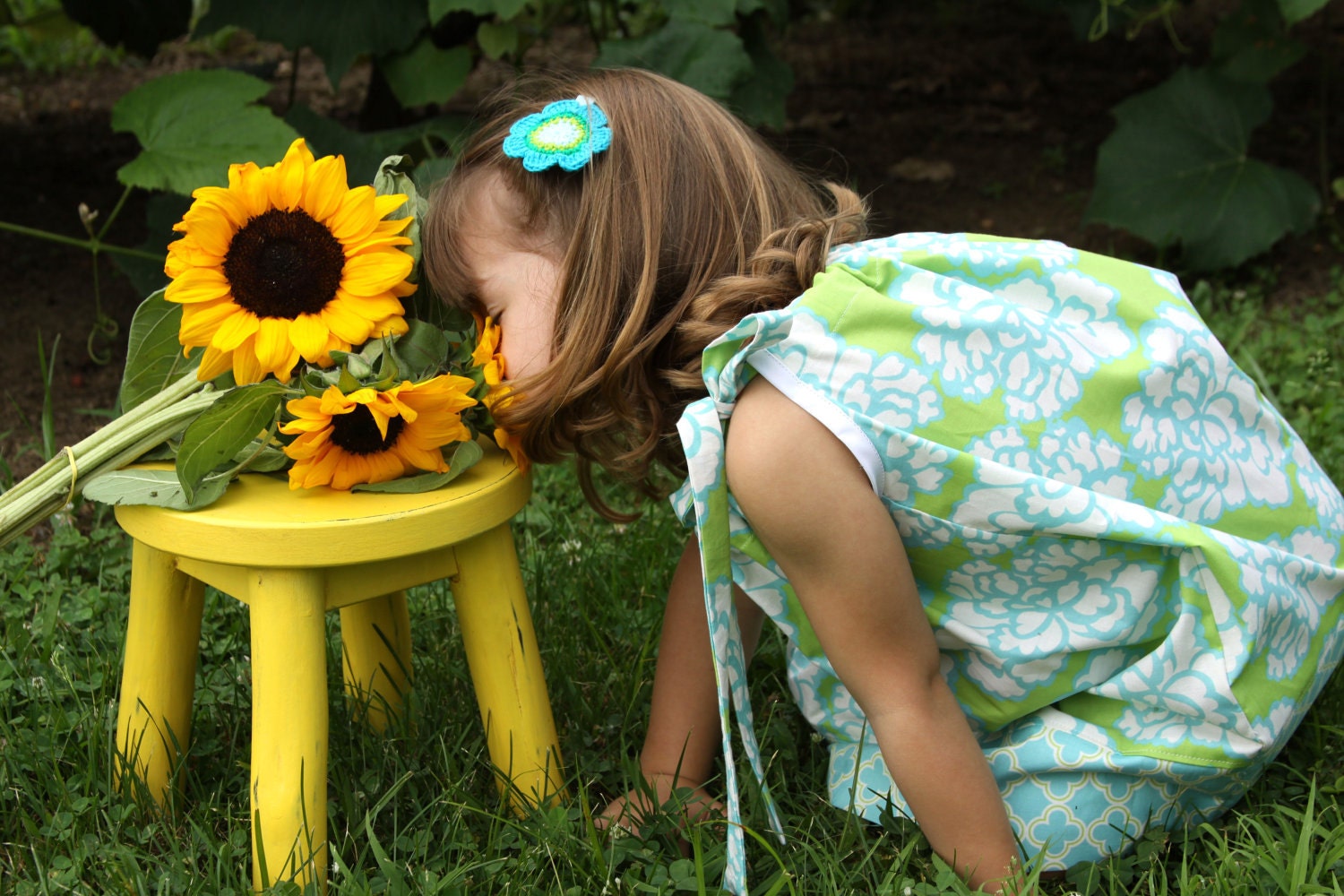 Pillowcase Dress in Blue Green White Damask Available in 3T