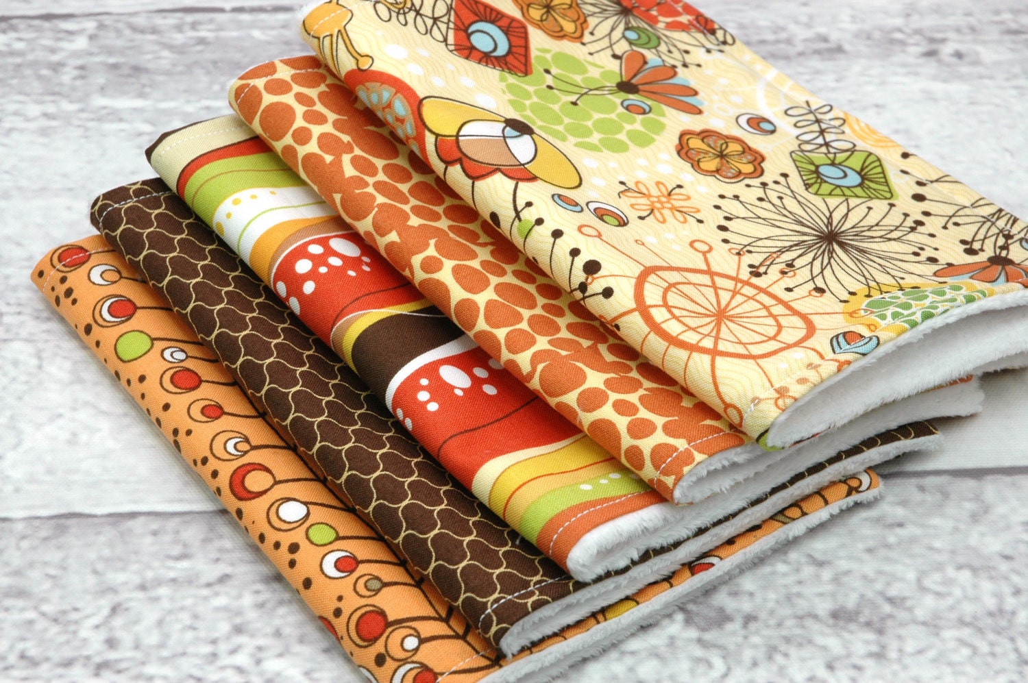 Set of 5 Burp Cloths- Mod Studio eFabrics Brook in Orange and Brown