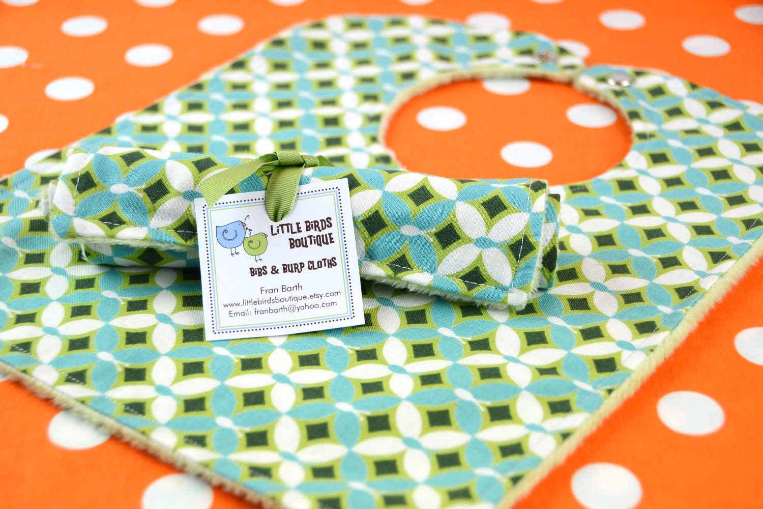 Bib and Burp Cloth Set-White Turquoise Green Geometric Clover