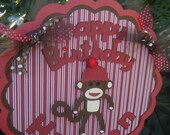 Sock Monkey "Happy Birthday" DOOR SIGN in Brown and Red