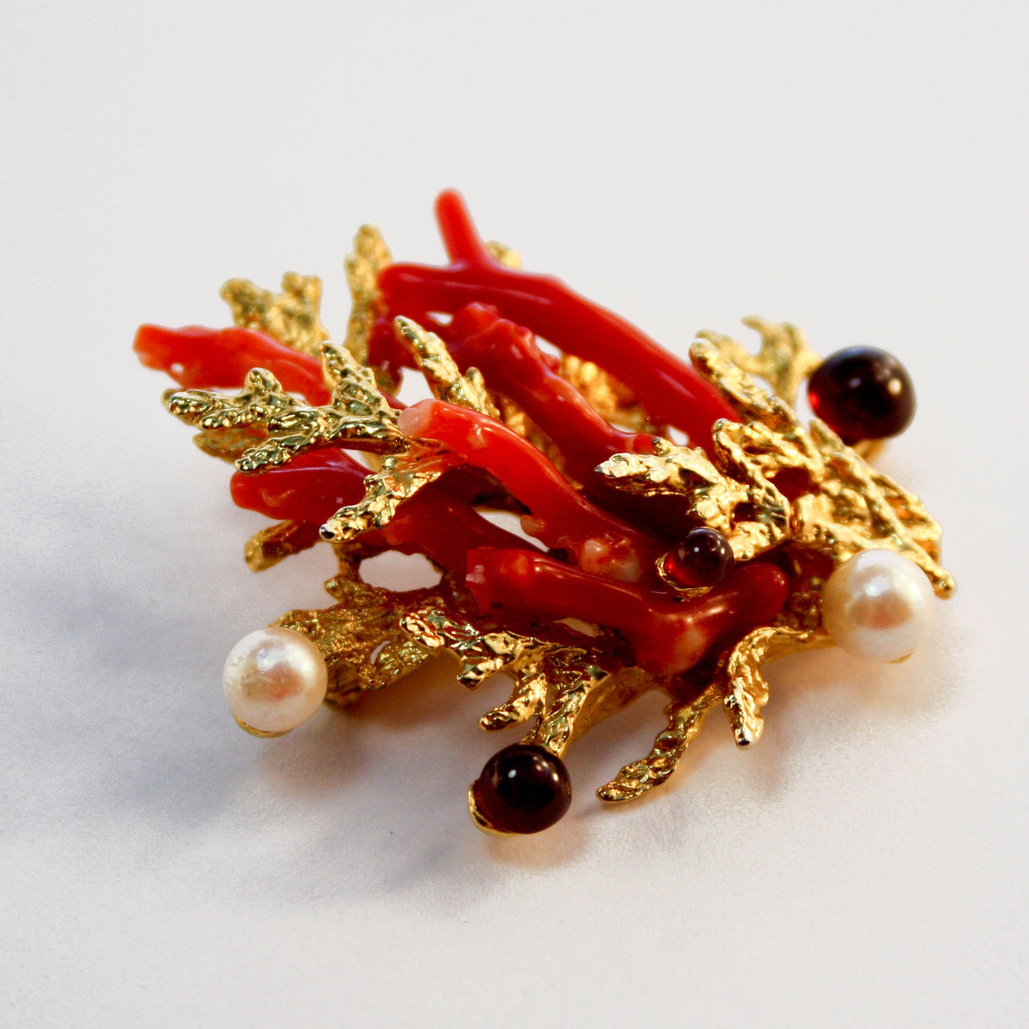 RESERVE for Amanda Gu - Rare Swoboda Coral Brooch - Genuine Coral, Pearl and Garnets - Vintage
