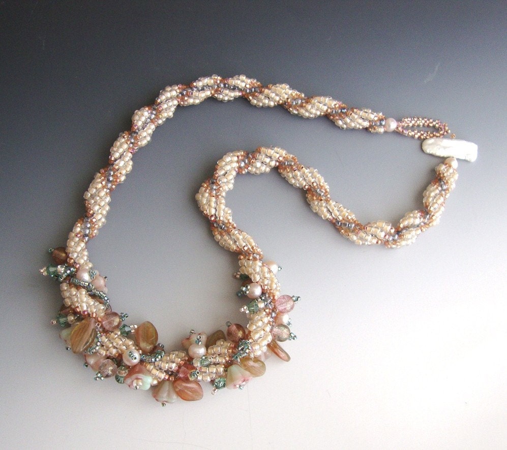 RESERVED FOR JUDY B. Twilight Garden Spiral Necklace Ivory, Copper, Aqua