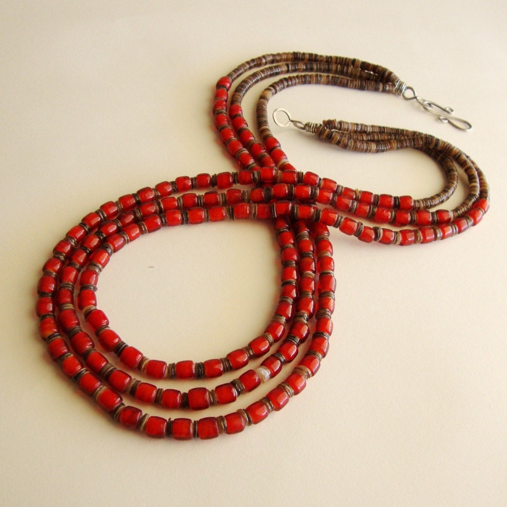 Jewelry Necklace Red White Heart Beads Three Strands Heishi Shell Sterling