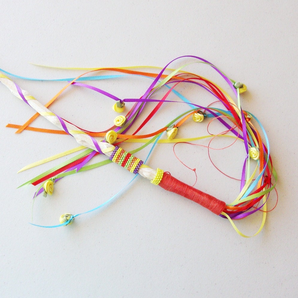 Valentine Fantasy Festival Wand  Red, Yellow, Orange Purple, Green Ribbons Beads