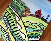 Baby art, landscape, green and yellow, red barn