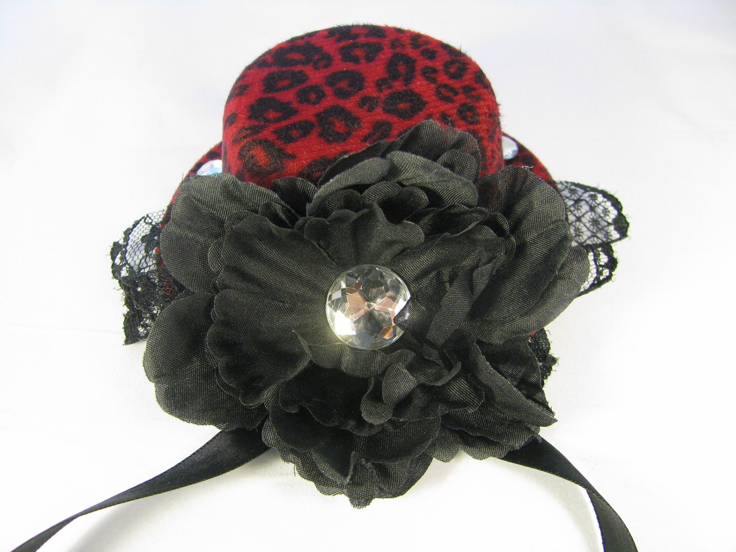 Mini Top Hat - Fascinator - Red Cheetah Print Hat,  Black Lace and Flower