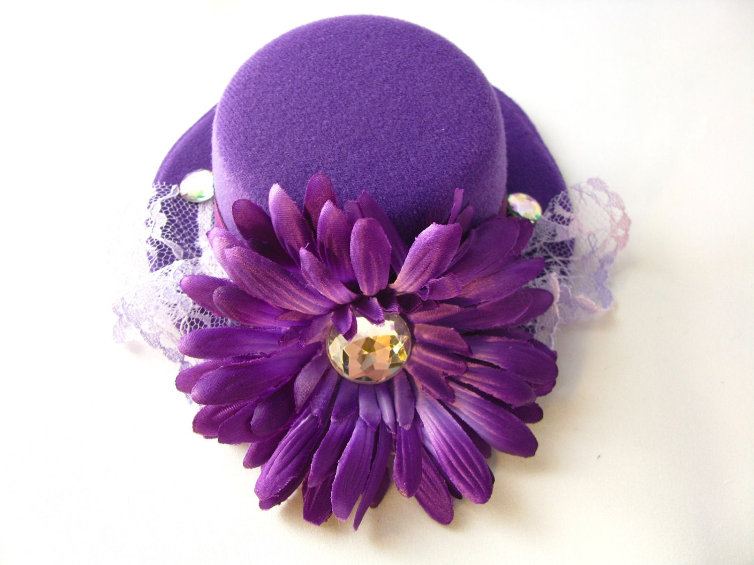 Mini Top Hat - Fascinator - Purple Print Hat,  Lavender Lace and Flower - MH8