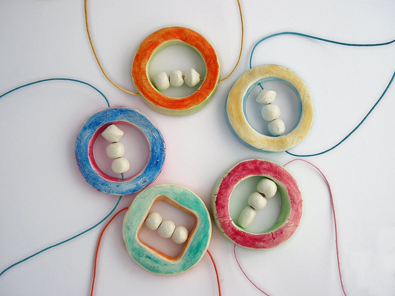 Long pendant orange and green abacus circle necklace