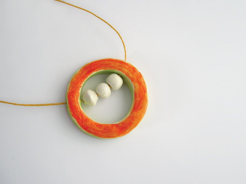 Long pendant orange and green abacus circle necklace