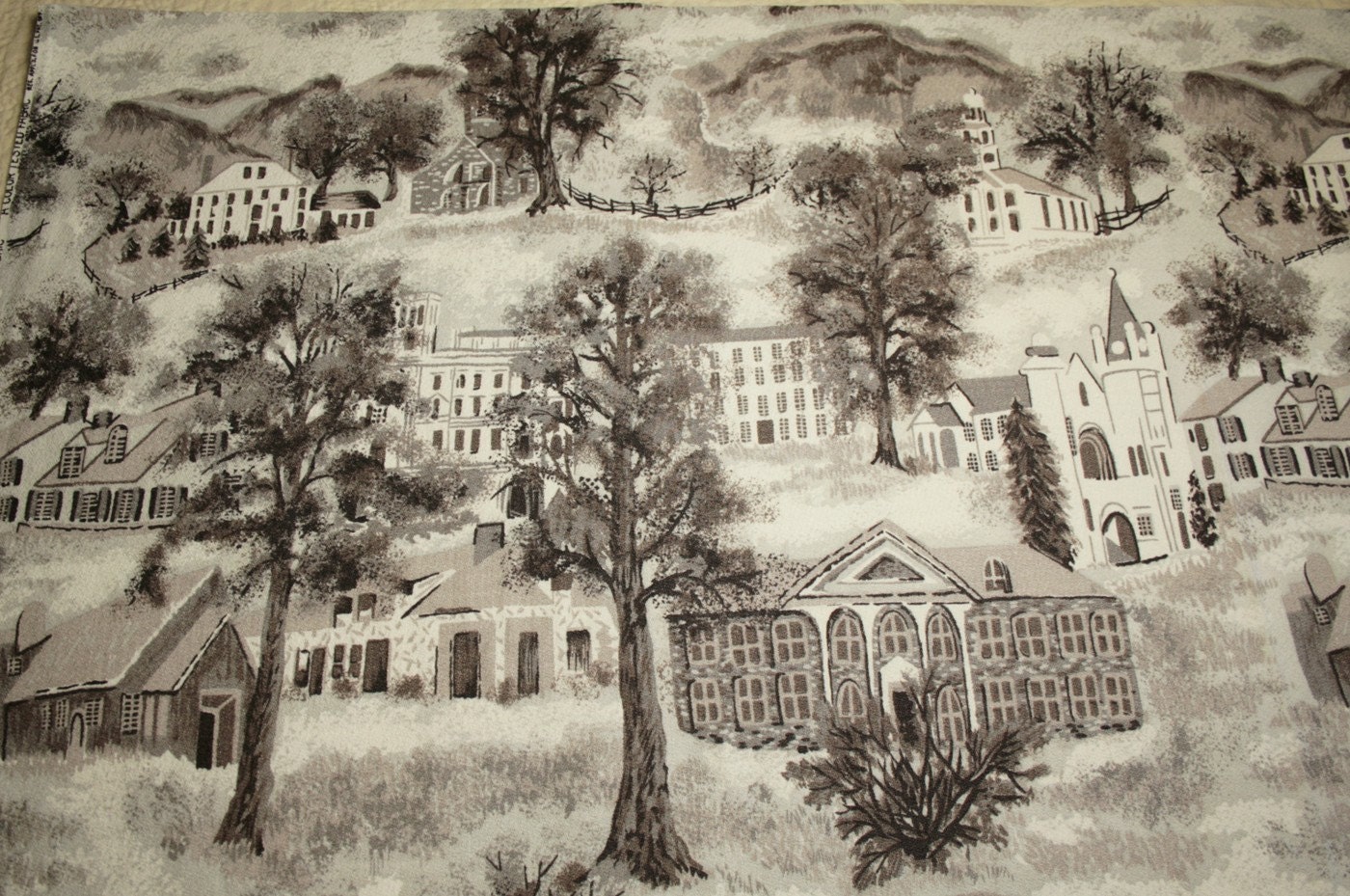 Very Rare Monochrome Neutral Grandma Moses "Williamstown Toile" Unused Vintage Barkcloth - 46 x 24 Inches