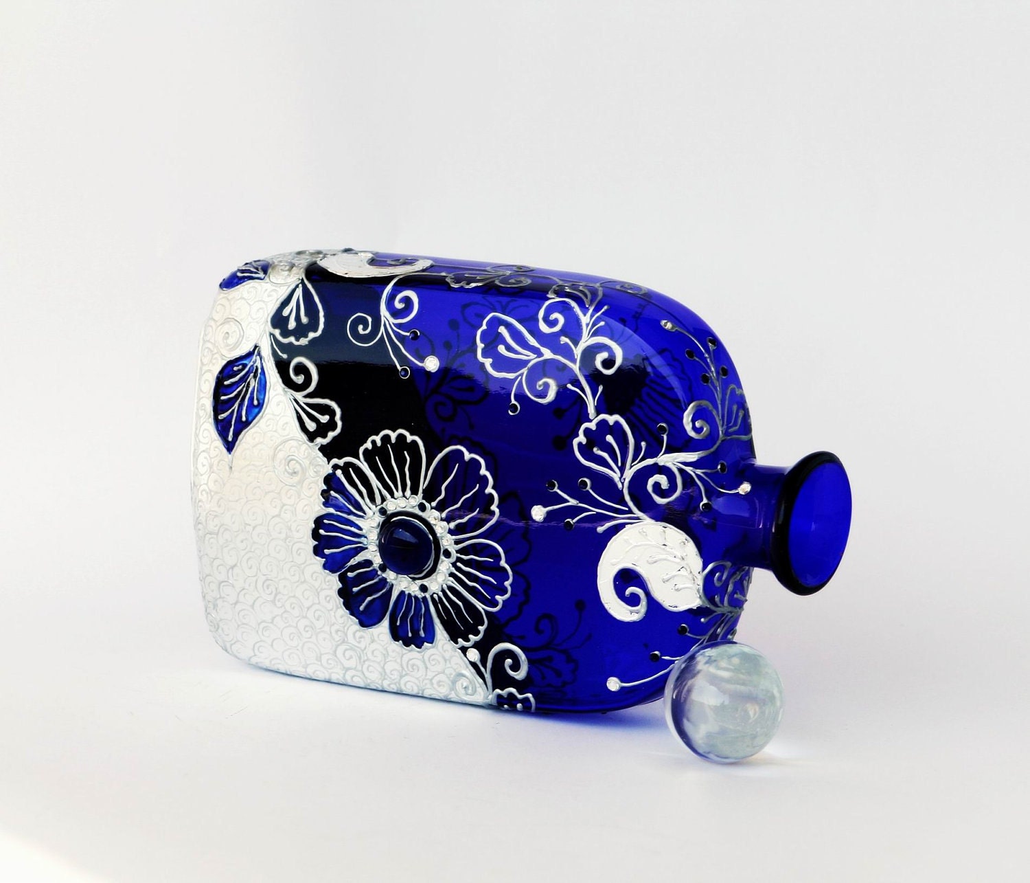 Hand Painted Royal Blue Glass Art Bottle,decorated with Swarovski Crystals Home Decor Vase
