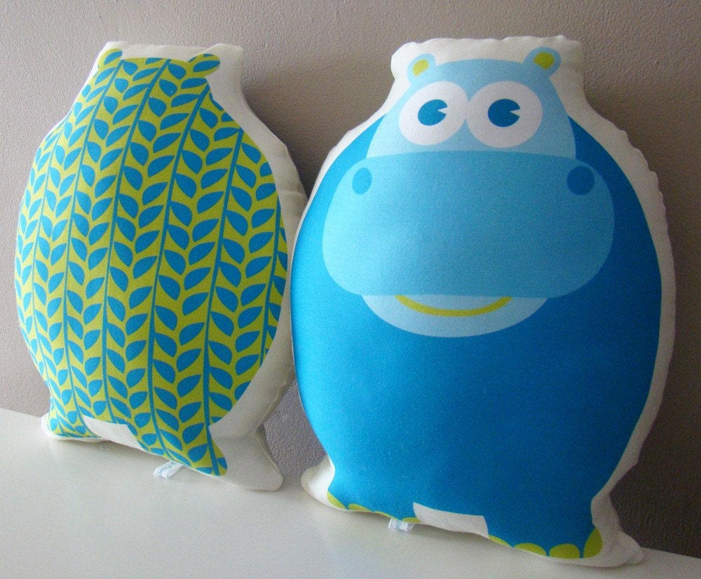Organic Hippo Pillow Friend -blue aqua- perfect for nursery - large size