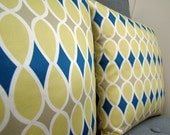Organic Modern Pillow Cover - Teal, Khaki, White, Yellow - Original Fabric Design 14 x 14 envelope back, custom colors available