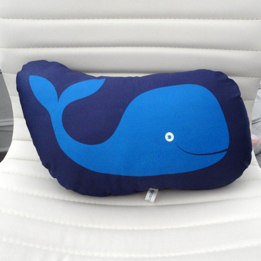 Large Organic Whale Pillow - navy blue, light blue, yellow, gold, modern lumbar, cotton