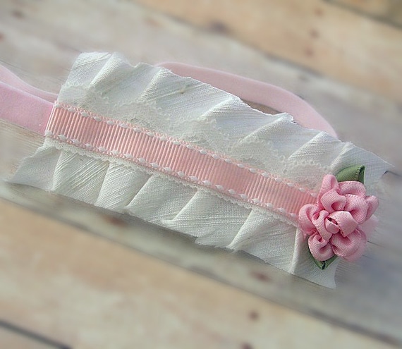 Baby Hair Bows: Baby Vintage Headband Infant White and Pink Headband Dupioni Silk Photo Prop Couture Headband Infant Headband NO.12-8