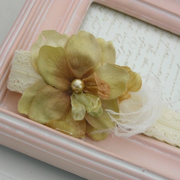 Vintage Baby Headband: Silk Flower Bloom Headband with Pearl Center and Feather detail Baby Toddler Teen Women Fascinator ITEM NO. 154