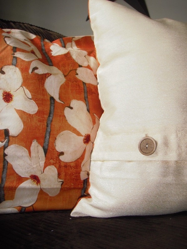 Floral Print, Two Reversible 18x18 Pillows, Spice Orange, Ready to Ship, by Sew Custom Designs