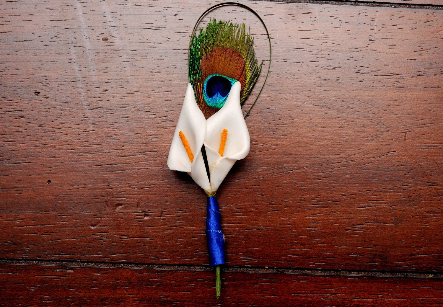 Calla Lily Ring Bearer Boutonniere with Peacock Feather